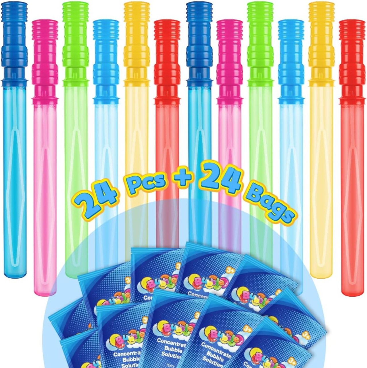 24 Pack 14'' Bubble Wands in 6 Colors, Big Bubble Wands with 24 Bubble Refill Solutions, Bubbles Party Favors